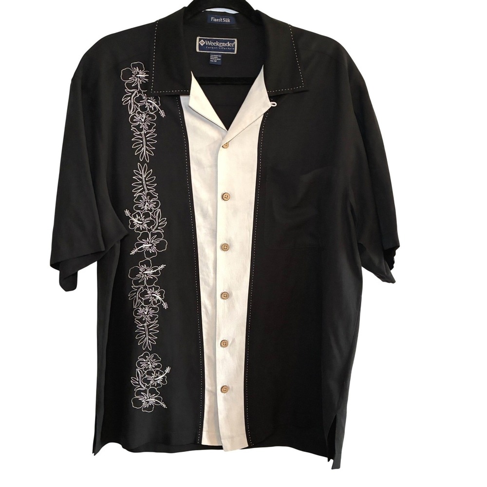 Weekender Button Down Hawaiian Shirt Silk Linen Floral Embroidered Mens Medium